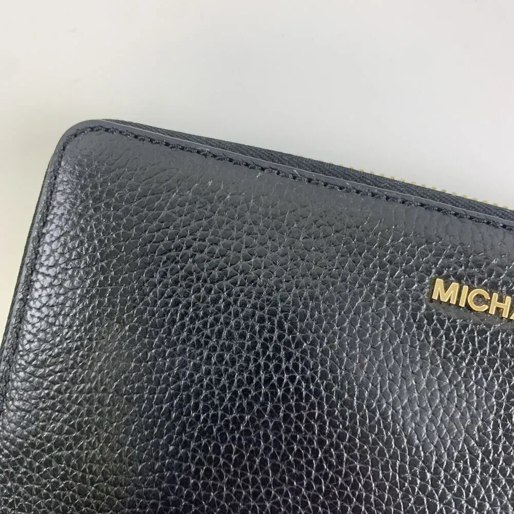Michael Kors Leather Continental Wristlet Mercer Black Pebbled Wallet Zip Around
